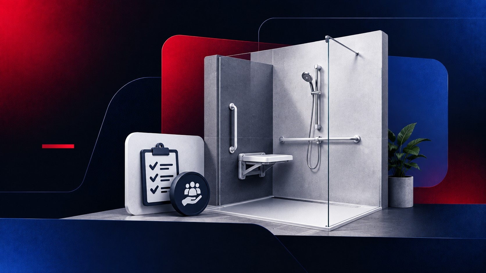 Salle de bain adaptée PMR avec douche de plain-pied barre d'appui et circulation dégagée