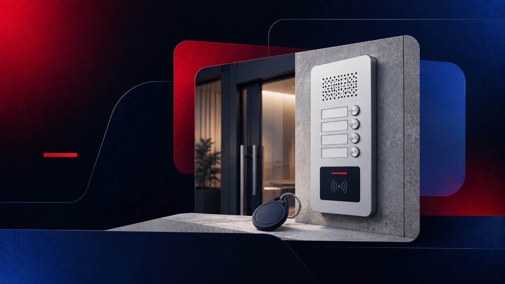Platine d'interphone avec lecteur de badge VigiK à l'entrée d'un immeuble en copropriété