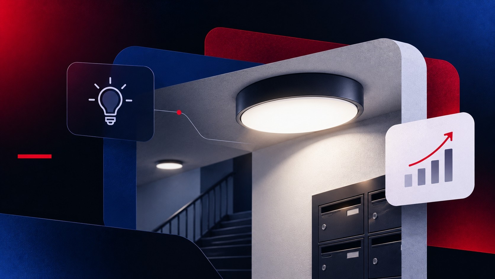 Cage d'escalier de copropriété équipée d'un éclairage LED avec détection de présence