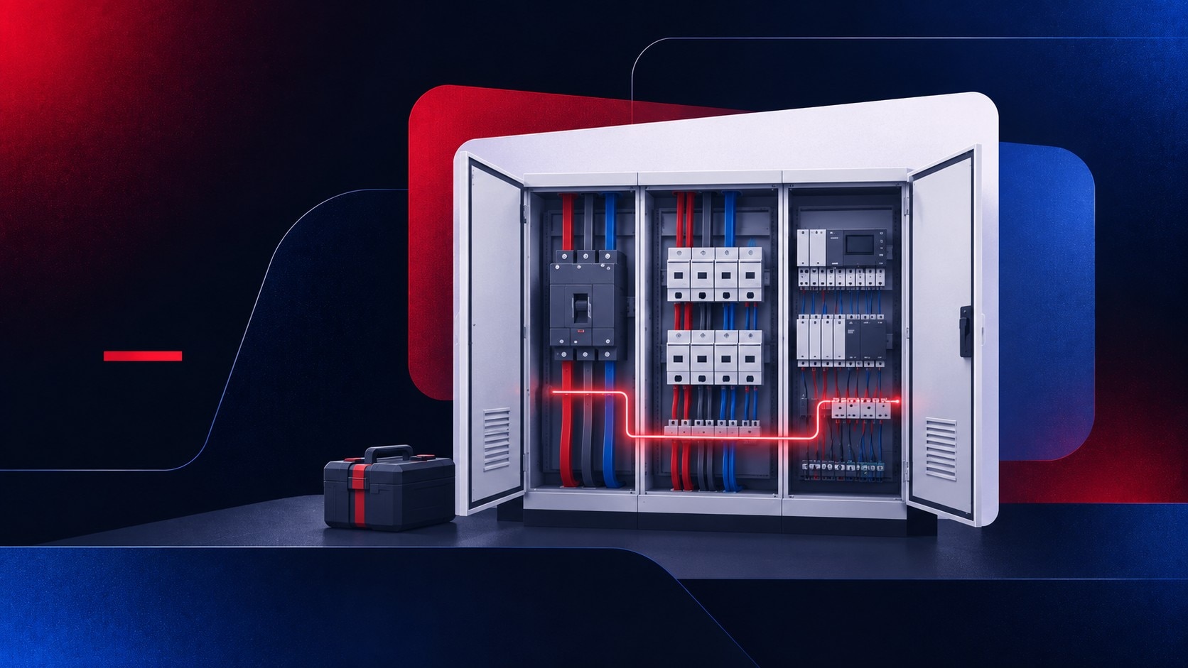 Technicien devant une armoire électrique industrielle ouverte, départs triphasés repérés et équipements de commande visibles dans un atelier en production