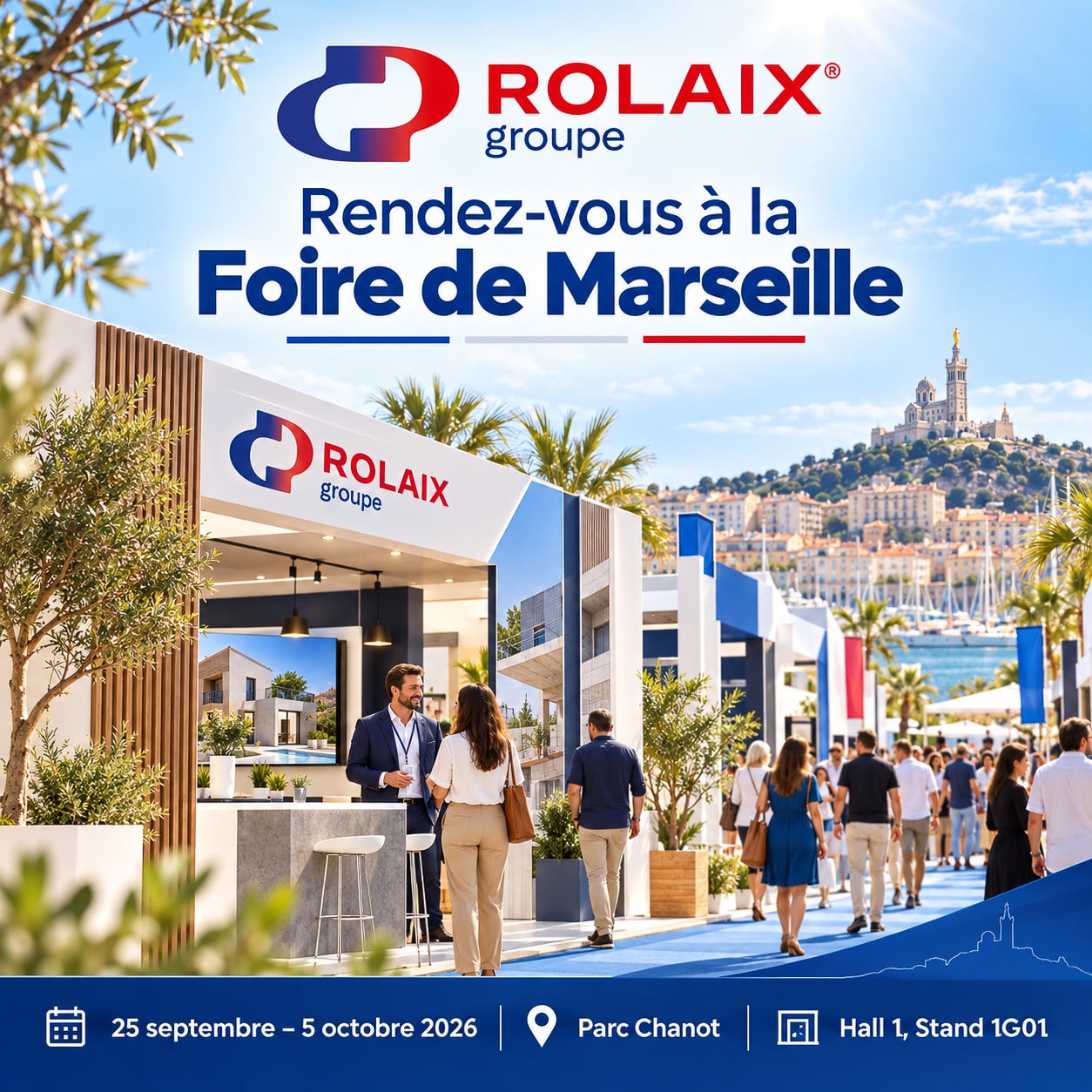 Affiche du Groupe Rolaix, rendez-vous à la Foire de Marseille du 25 septembre au 5 octobre 2026, Parc Chanot, Hall 1, stand 1G01