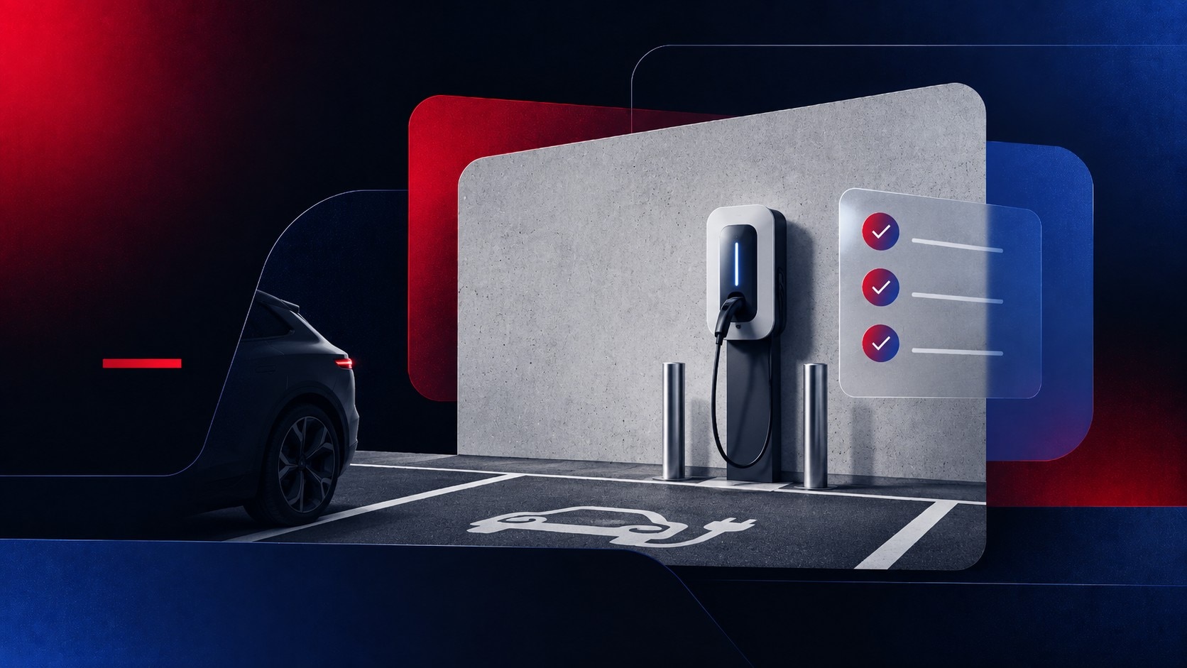 Parking d'entreprise équipé de bornes de recharge pour véhicules électriques conformes à la loi LOM