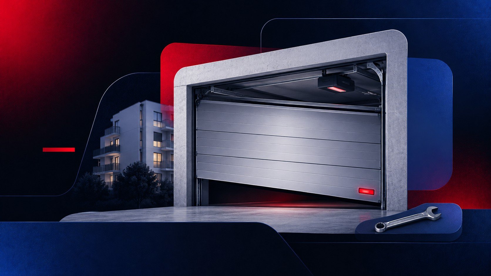 Porte sectionnelle automatique à l'entrée d'un parking souterrain de résidence