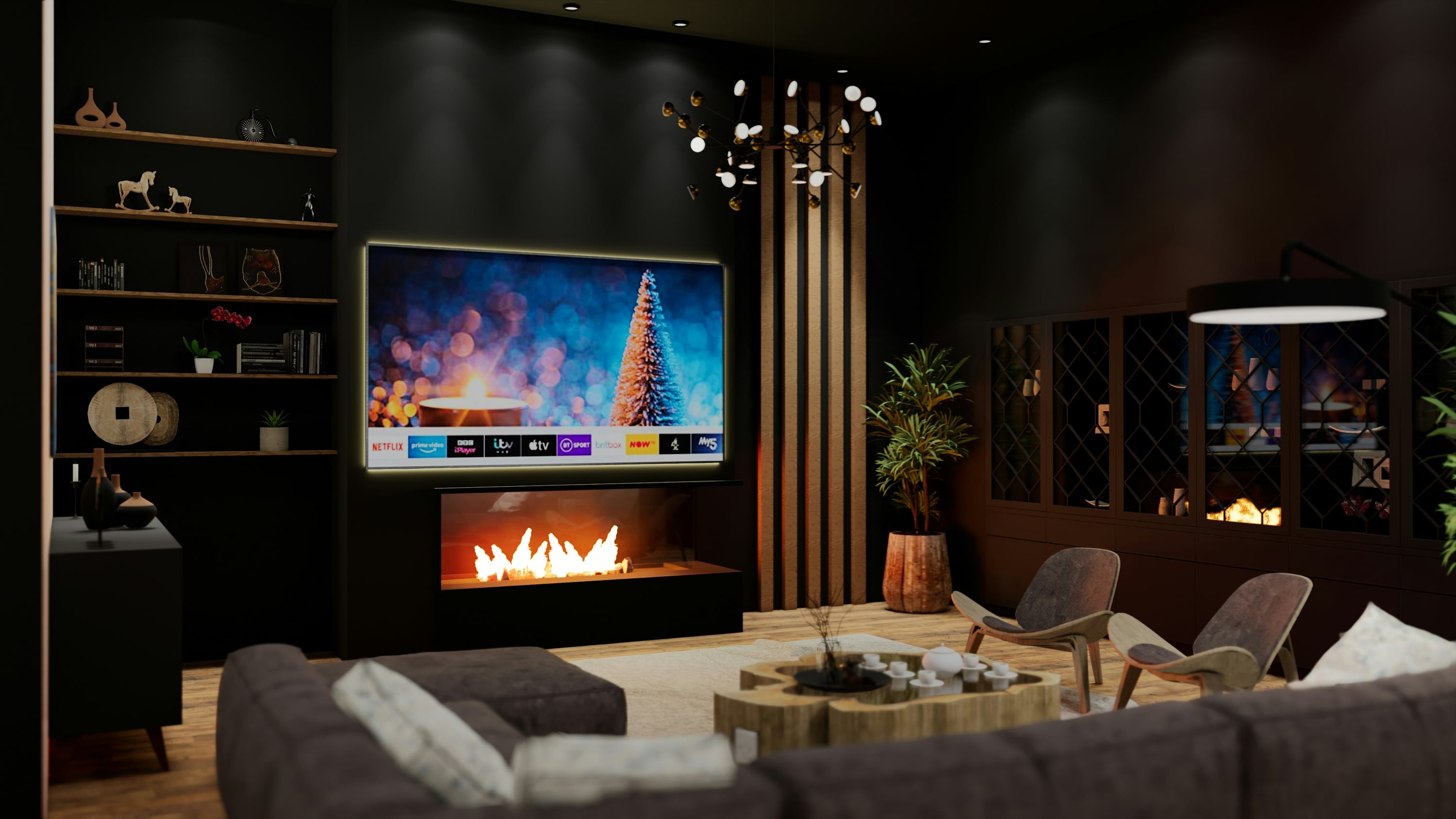 Salon connecté en soirée : téléviseur mural à rétroéclairage LED, cheminée et éclairage d'ambiance pilotés par domotique