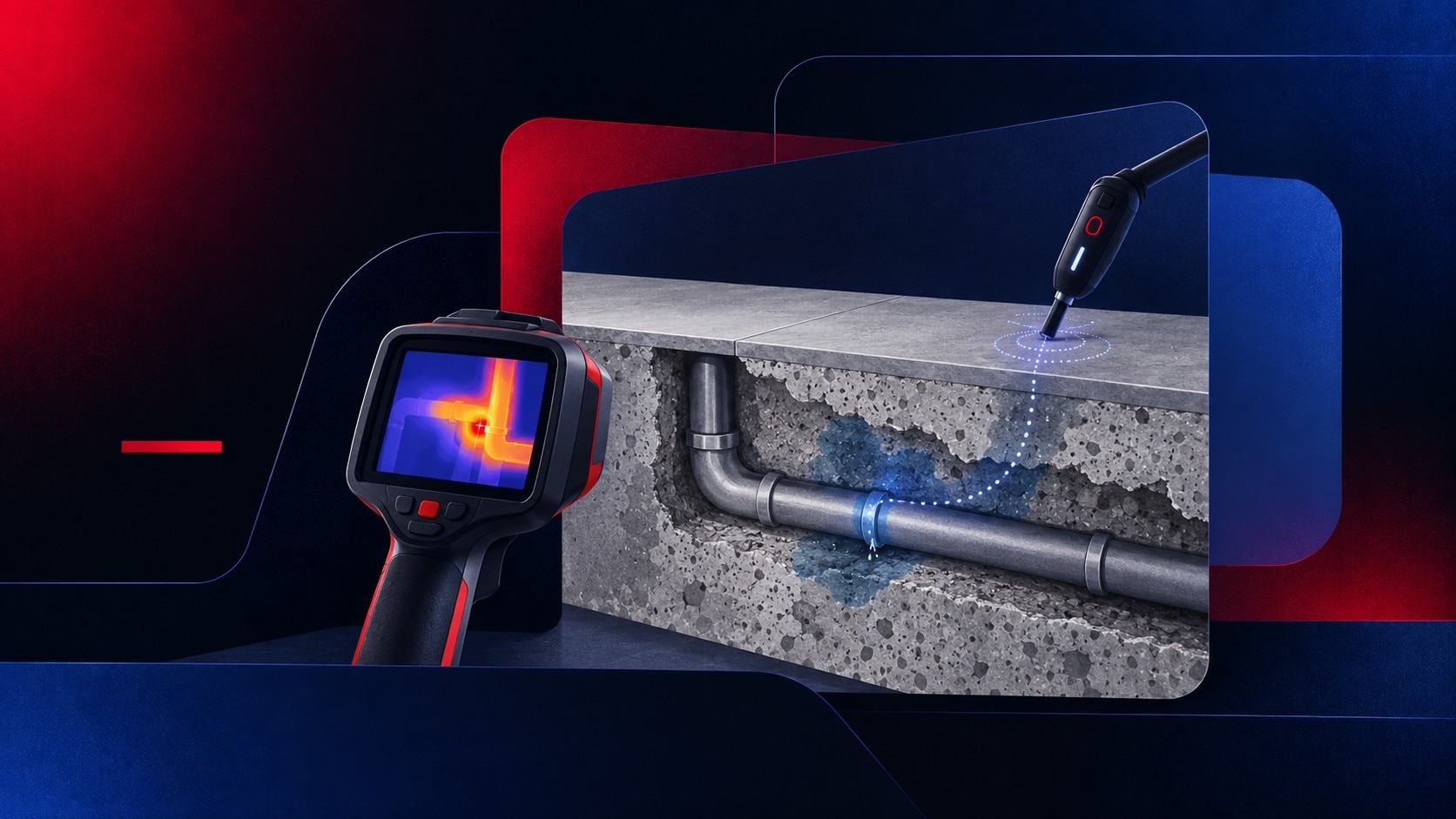 Technicien réalisant une recherche de fuite non destructive à la caméra thermique sur un mur