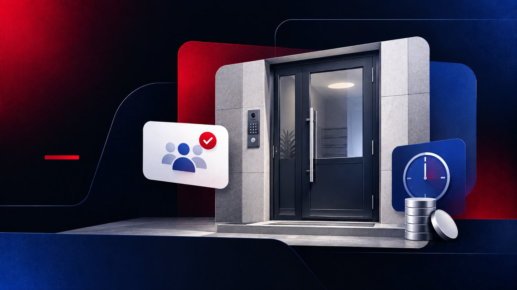 Porte de hall vitrée en aluminium à l'entrée d'un immeuble en copropriété, avec platine d'interphone à côté