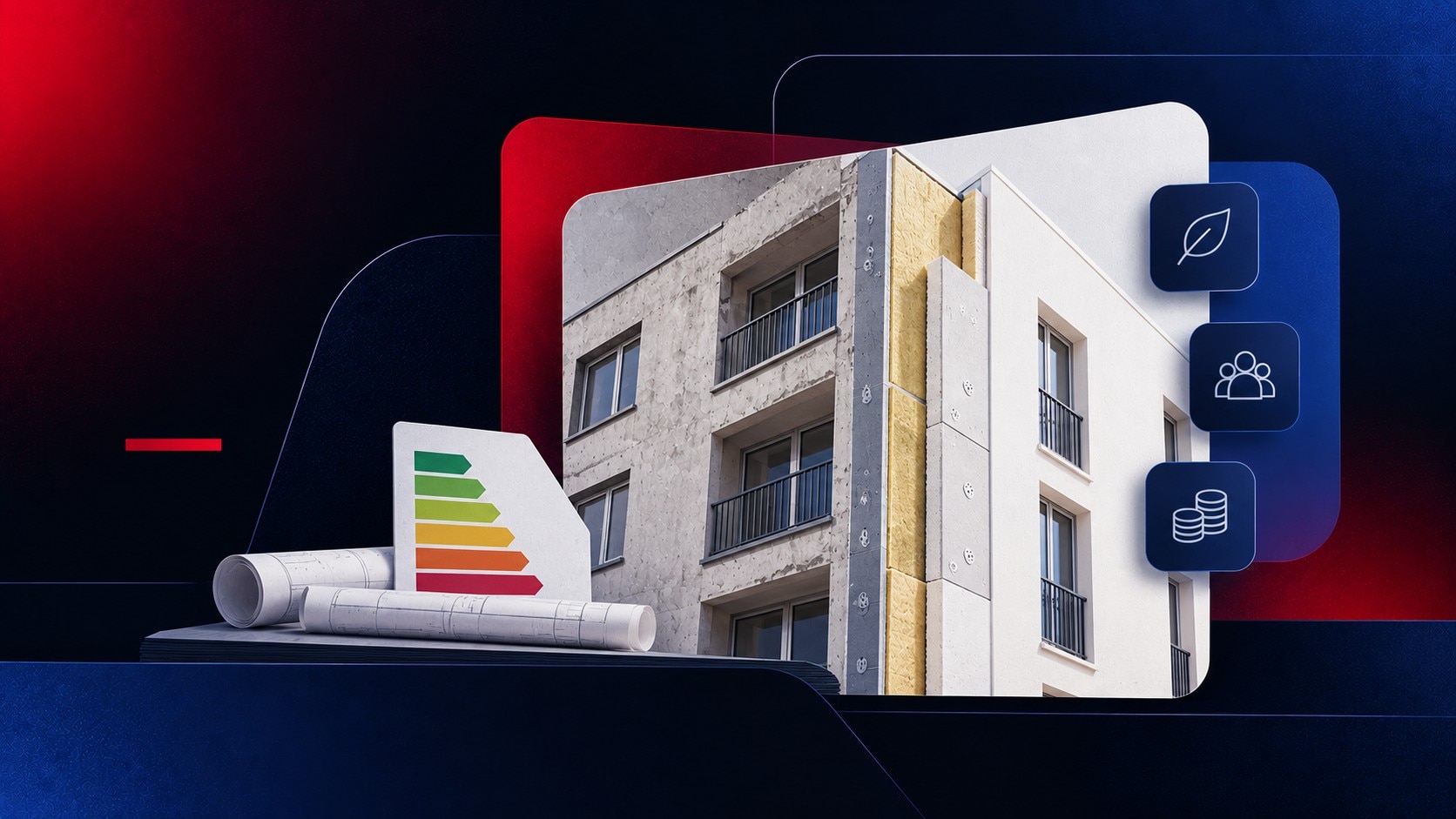 Réunion de copropriété préparant un projet de rénovation énergétique d’immeuble avec plans techniques et devis